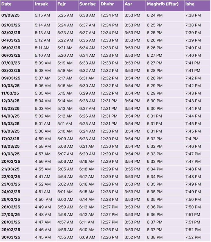 Ramadan Calendar and prayer timings