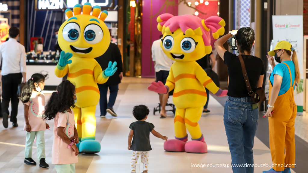 Modhesh Mascots entertaining kids at UAE malls during Dubai Summer Surprises in 2025.