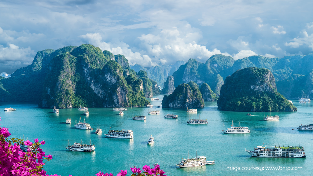 Boats sailing around stunning islands, Vietnam one of the cheapest travel destination.