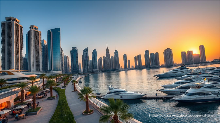 Sunset at Dubai Marina, yachts docked at Dubai’s most Instagrammable places.